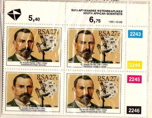 SOUTH AFRICA 1991 SCIENTISTS SET OF 4 IN CONTROL BLOCKS OF 4 UMM. SG 736-739. CAT 14 POUNDS.