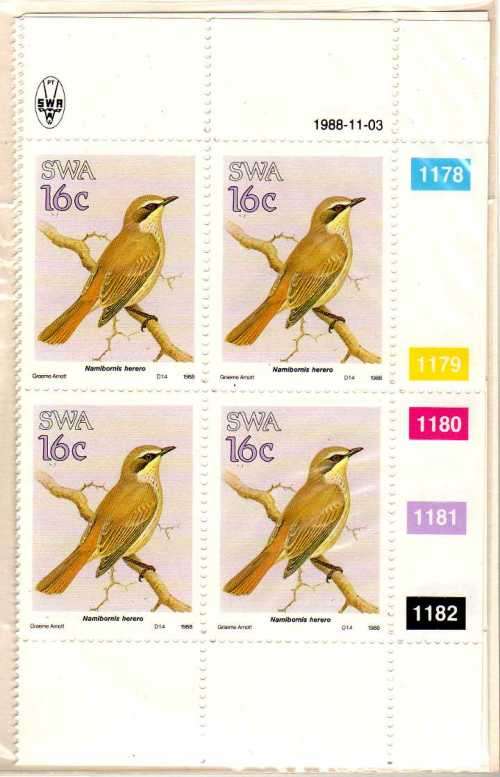 SOUTH WEST AFRICA 1988 BIRDS OF SWA SET OF 4 CONTROL BLOCKS OF 4 UMM. SG 499-502. CAT 17 GBP.