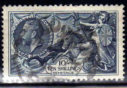 GREAT BRITAIN 1934 RE-ENGRAVED SEA HORSE 10/-  FINE USED. SG 452. CAT 80 POUNDS.