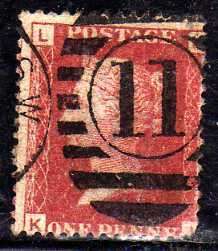 GREAT BRITAIN 1858-79 1d ROSE RED PLATE 222 GOOD USED BUT BLUNT CORNER. SG 43. CAT 45 POUNDS.
