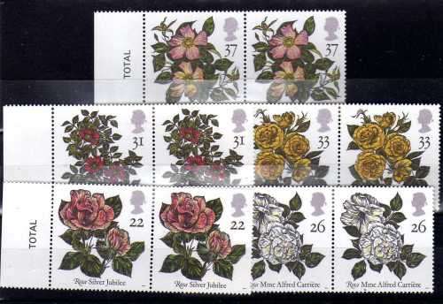 GREAT BRITAIN 1991 "WORLD ROSES CONGRESS" SET OF 5 IN PAIRS UMM(**). SG 1568-72. CAT 9 GBP.