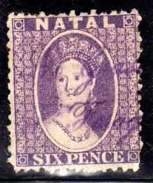NATAL 1863-65 6d LILAC MAUVE USED WITH MANUSCRIPT CANCELLATION. SACC 19. CAT R240 (SACC 2015).
