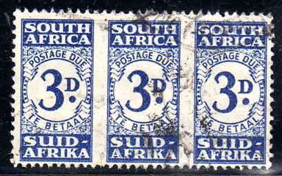 SOUTH AFRICA 1943-44 POSTAGE DUE 3d UNIT OF 3 VFU. SACC 32. CAT R1400. (SACC 2015)