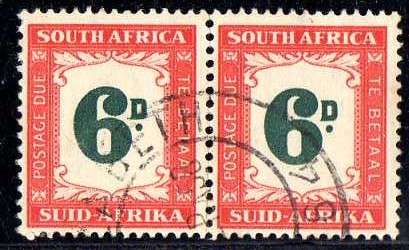 SOUTH AFRICA 1950-58 POSTAGE DUE 6d PAIR V.F.U. SACC 42. CAT R280. (SACC 2015)