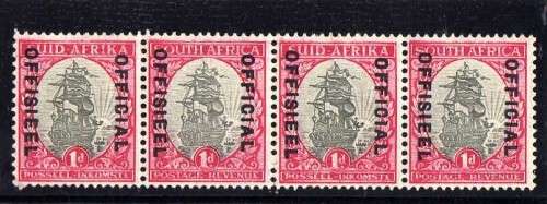 SOUTH AFRICA 1935-50 1d OFFICIAL STRIP OF 4 LMM. VARIETY RED SMUDGING. SACC 25. CAT AS NORMAL R150.