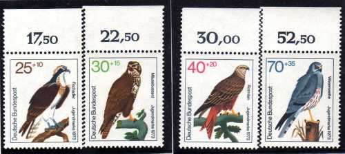 GERMANY 1973 "BIRDS OF PREY" SET OF 4 UMM. SG 1648-51. CAT 10,40 POUNDS.