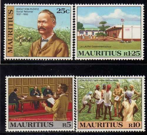 MAURITIUS 1983 "125TH ANNIV ADOLF VON PLEVITZ ARRIVAL" SET OF 4 UMM. SG 674-677. CAT 4,20 POUNDS.