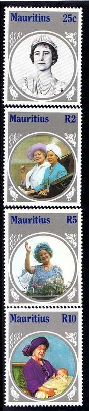 MAURITIUS 1985 "LIFE AND TIMES OF QUEEN MOTHER" SET OF 4 U.M.M. SG 699-702. CAT 5,60 POUNDS.