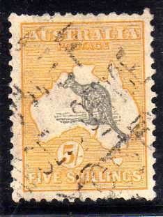 AUSTRALIA 1929-30 DEFIN 5/- GREY & YELLOW W/MARK 7 GOOD USED. SG 111. CAT 90 POUNDS.