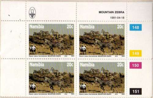 NAMIBIA 1991 "MOUNTAIN ZEBRA" SET OF 4 IN CONTROL BLOCKS OF 4 UMM. SG 572-5. CAT 17 POUNDS.