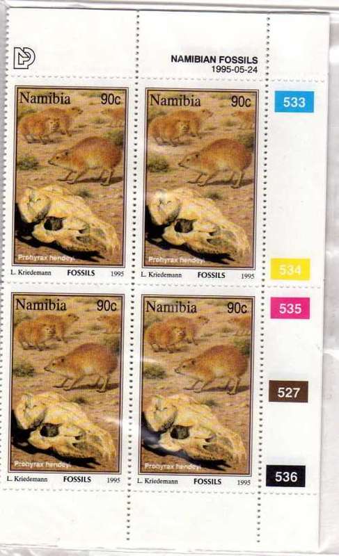 NAMIBIA 1995 "FOSSILS" SET OF 4 IN CONTROL BLOCKS OF 4 UMM. SG 663-6. CAT 15 POUNDS.