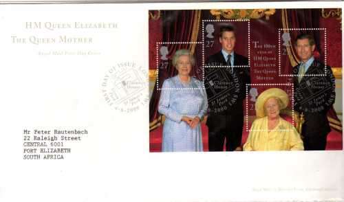 GREAT BRITAIN 2000 "QUEEN MOTHER 100TH BIRTHDAY" MINI SHEET ON FDC. SG MS 2161. CAT 12 POUNDS.