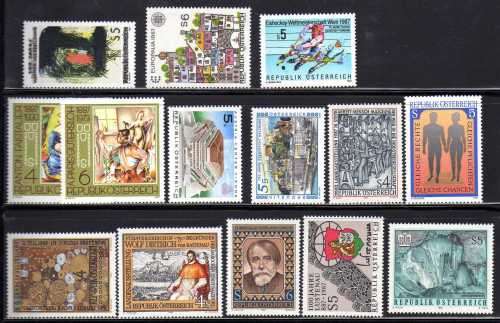 AUSTRIA 1987 COMPLETE COMMEMORATIVE ISSUES 35 STAMPS UMM. SG 2116-2149. CAT 46,90 POUNDS.