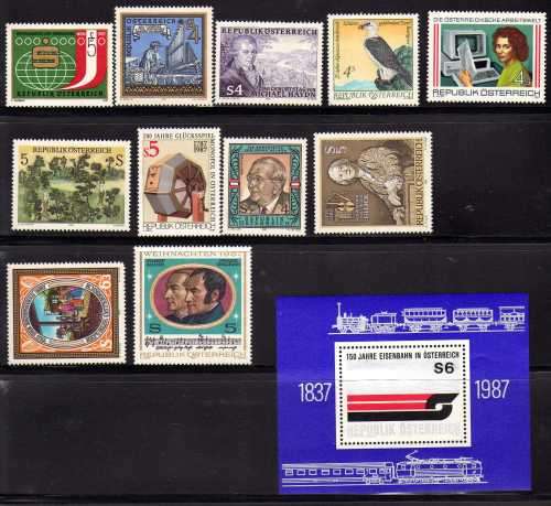 AUSTRIA 1987 COMPLETE COMMEMORATIVE ISSUES 35 STAMPS UMM. SG 2116-2149. CAT 46,90 POUNDS.