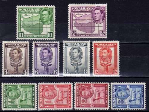 SOMALILAND PROTECTORATE 1938 DEFIN PART SET OF 10. 1/2a - 2r LMM & MM. SG 93-102. CAT 109 POUNDS.