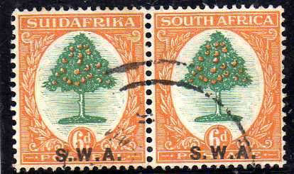 SOUTH WEST AFRICA 1927-30 LONDON PICTORIALS O/P SWA 6d PAIR VFU. SACC 86. CAT R400. (SACC 2015)