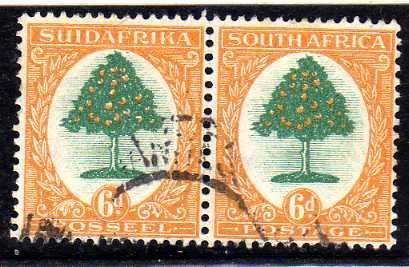SOUTH AFRICA 1926 DEFIN ISSUE 6d PAIR LONDON PRINTING VFU. SACC 31L. CAT R350.