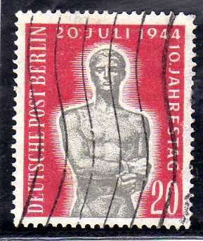 GERMANY WEST BERLIN 1954 "10TH ANNIV TO KILL HITLER" 20PF FINE USED. SG B116. CV 6,25 POUNDS.(2013)