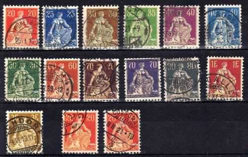 SWITZERLAND 1908 DEFIN SET OF 13 (NO 40c GREEN) FINE - VFU. SG 232-246. CAT 49 POUNDS.