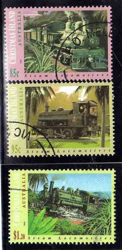 CHRISTMAS ISLAND 1994 "STEAM LOCOMOTIVES" SET OF 3 VFU. SG 389-91. CAT 6 POUNDS.