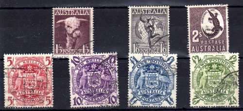 AUSTRALIA 1948 DEFIN SET OF 7 FINE USED. SG 223-224d. CAT £21. (2022)