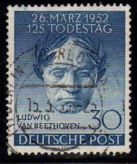 GERMANY WEST BERLIN 1952 "125th DEATH ANNIV OF BEETHOVEN" 30pf V.F.U. SG B87. CAT 37 POUNDS.