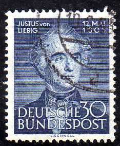 GERMANY WEST 1953 150th ANNIV OF LIEBIG 30PF BLUE VFU. SG 1092. CAT 29 POUNDS.