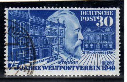 GERMANY WEST 1949 "75th ANNIV OF UPU" FINE USED BUT 2 BLUNT TOP PERFS. SG 1038. CAT 49 POUNDS.