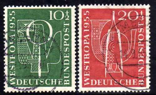 GERMANY WEST 1955 "WEST EUROPEAN STAMP EXHIBITION" SET OF 2 V.F.U. SG 1143-44. CAT 25,25 POUNDS.