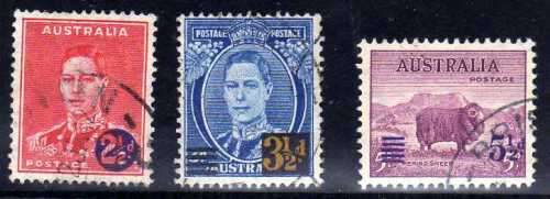 AUSTRALIA 1941 SURCHARGED SET OF 3 VFU. SG 200-202. CAT £8,50 (2018)