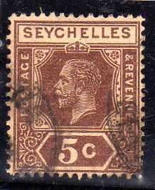 SEYCHELLES 1917-22 5c DEEP BROWN FINE USED. W/MARK MULTI CROWN CA. SG 84. CAT 8 POUNDS.