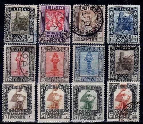ITALIAN COLONIES LIBYA 1921 DEFIN PART SET OF 12 MINT & USED. SG 22A-55, 57-59. CAT 94 POUNDS.