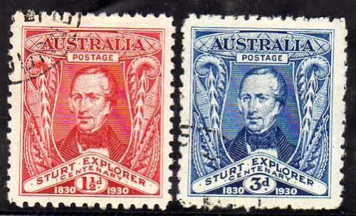 AUSTRALIA 1930 "CENT OF EXPLORATION OF MURRAY RIVER" SET OF 2 VFU. SG 117-118. CAT 9 POUNDS.