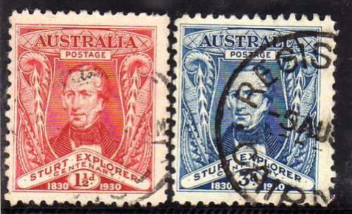 AUSTRALIA 1930 "CENT OF EXPLORATION OF MURRAY RIVER" SET OF 2 VFU. SG 117-118. CAT 10 POUNDS. (2018)