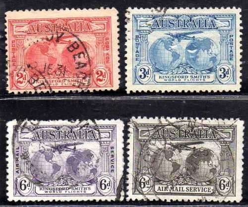AUSTRALIA 1931 "KINGSFORD SMITHS" & "AIR MAIL SERVICE" FINE - VFU. SG 121-123 & 139. CAT 37 POUNDS.
