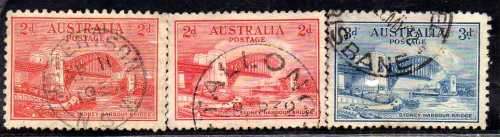 AUSTRALIA 1932 "OPENING OF SYDNEY HARBOUR BRIDGE" 2 x 2d (SHADES) & 3d. SG 141-2. CAT 15 GBP