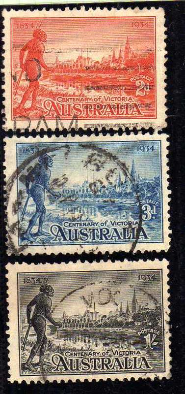 AUSTRALIA 1934 "CENT OF VICTORIA" SET OF 3 PERF 11,5 FU. SG 147a-149a. CAT 28 POUNDS.