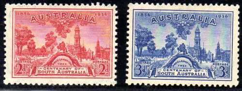 AUSTRALIA 1936 "CENT OF SOUTH AUSTRALIA" 2d + 3d LMM. SG 161-2. CAT 9,25 POUNDS.