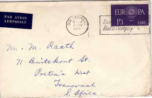 IRELAND 1960 "EUROPA" 1/3d ON COVER VFU. SG 183. CAT 20 POUNDS.
