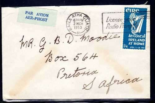IRELAND 1953 "IRELAND AT HOME" 1/4d ON COVER V.F.U. SG 155. STAMP CAT 26 POUNDS.