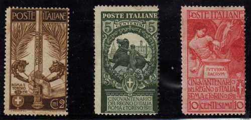 ITALY 1911 "JUBILEE OF ITALIAN KINGDOM" PART SET OF 3 MM HEAVY HINGED. SG 86-88. CAT 55 POUNDS.