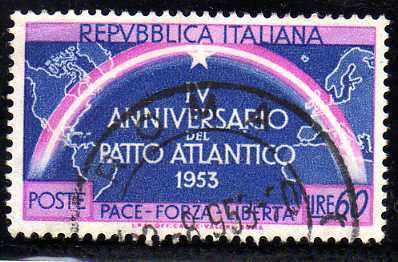 ITALY 1953 "4TH ANNIV OF ATLANTIC PACT" 60L VERY FINE USED. SG 852. CAT 4,75 POUNDS.