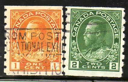 CANADA 1922-31 DEFIN COIL STAMPS IMPERF x PERF 8 1c + 2c VFU. SG 256-7. CAT 8,75 POUNDS.