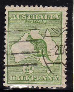 AUSTRALIA 1913 DEFIN 1/2d GREEN DIE I W/MARK 2 FINE USED. SG 1. CAT 4 POUNDS.