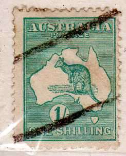 AUSTRALIA 1915-28 DEFIN 1/- BLUE GREEN DIE II. W/MARK 6. FINE USED. SG 40. CAT 8 POUNDS. (2018)