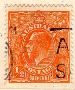 AUSTRALIA 1931-36 DEFIN 1/2d ORANGE W/MARK 15 VFU. SG 124. CAT 6 POUNDS.