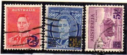 AUSTRALIA 1941 SURCHARGED SET OF 3 FINE USED. SG 200-202. CAT 7,50 POUNDS.