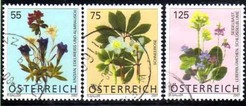 AUSTRIA 2007 "FLOWERS" SET OF 3 VFU. SG 2847-9. CAT 5,65 POUNDS.