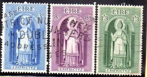 IRELAND 1961 "15th DEATH CENTENARY OF ST PATRICK" SET OF 3 FINE USED. SG 186-188. CAT 6,50 POUNDS.