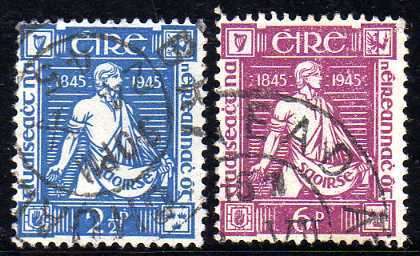 IRELAND 1945 "DEATH CENT OF THOMAS DAVIS" SET OF 2 VERY FINE USED. SG 136-137. CAT 6,75 POUNDS.